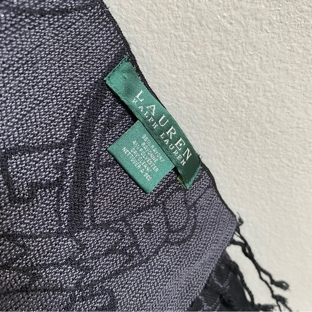 Lauren Ralph Lauren Black and Gray Equestrian Logo Knit Scarf